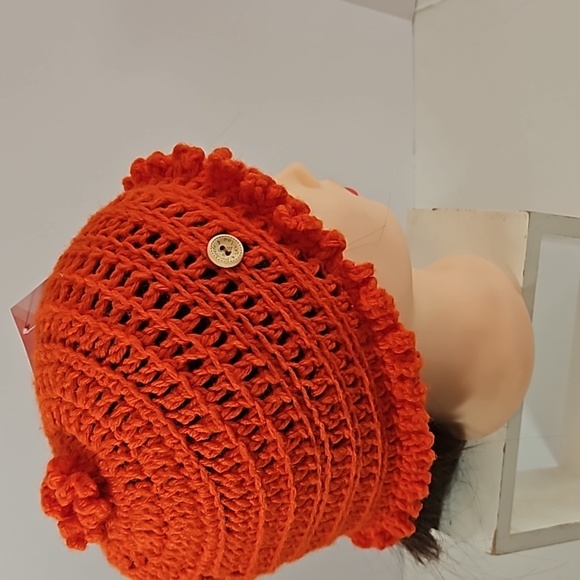 Hand Knit Crochet Bucket Hat Orange Floral Ruffle - Picture 10 of 17